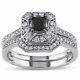 10k White Gold Finish 2.59 Ct Princess Black Diamond Bridal Set Engagement Ring
