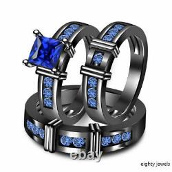 10k Black Gold Finish 1.71 Ct Princess Cut Blue Sapphire Wedding Trio Ring Set