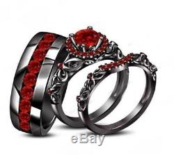 10k Black Gold Finish 2.10 CT Red Garnet His & Her Trio Set Engagement Ring