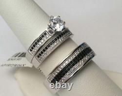 10k White Gold Finish His Her Black & White Diamond Trio Set Wedding Ring Set