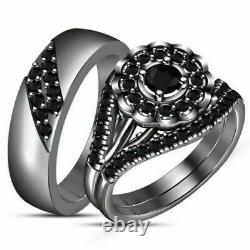 14K Black Gold Finish 1.25Ct Black Diamond Trio His Her Bridal Wedding Ring Set