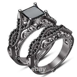 14K Black Gold Finish 2Ct Princess Lab created Diamond Wedding Bridal Ring Set