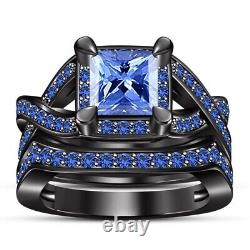 14K Black Gold Finish 2Ct Princess Lab created Sapphire Wedding Bridal Ring Set