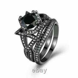 14K Black Gold Finish 2Ct Round Cut Black Diamond Flower-Shaped Bridal Ring Set