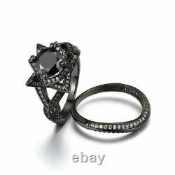 14K Black Gold Finish 2Ct Round Cut Black Diamond Flower-Shaped Bridal Ring Set