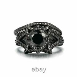 14K Black Gold Finish 2Ct Round Cut Black Diamond Flower-Shaped Bridal Ring Set