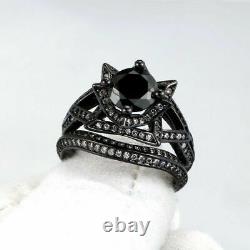 14K Black Gold Finish 2Ct Round Cut Black Diamond Flower-Shaped Bridal Ring Set