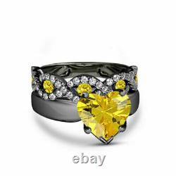14K Black Gold Finish 2.25Ct Heart Shape Yellow Sapphire Bridal Wedding Ring Set