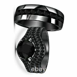 14K Black Gold Finish 2.50Ct Round Lab Created Black Diamond Event Trio Set Ring