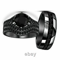 14K Black Gold Finish 2.50Ct Round Lab Created Black Diamond Event Trio Set Ring