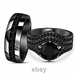 14K Black Gold Finish 2.50Ct Round Lab Created Black Diamond Event Trio Set Ring