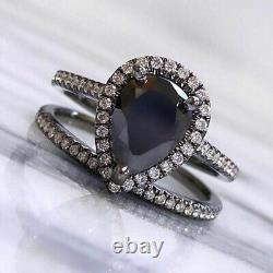14K Black Gold Finish 3CT Pear Shape Black Diamond Lab-Created Wedding Ring Set