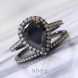 14K Black Gold Finish 3CT Pear Shape Black Diamond Lab-Created Wedding Ring Set