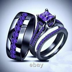 14K Black Gold Finish 3Ct Amethyst Trio Set His Her Bridal Band Engagement Ring