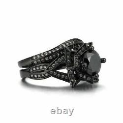 14K Black Gold Finish 3Ct Round Cut Black Diamond Flower-Shaped Bridal Ring Set