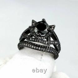 14K Black Gold Finish 3Ct Round Cut Black Diamond Flower-Shaped Bridal Ring Set
