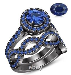 14K Black Gold Finish Blue Sapphire Halo Ladies Bridal Set Engagement Ring Band