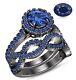 14k Black Gold Finish Blue Sapphire Halo Ladies Bridal Set Engagement Ring Band