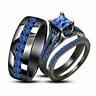 14k Black Gold Finish Blue Sapphire His And Her Engagement Wedding Trio Ring Set