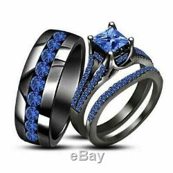 14K Black Gold Finish Blue Sapphire His and Her Engagement Wedding Trio Ring Set