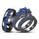 14k Black Gold Finish Blue Sapphire Mens Womens Engagement Wedding Trio Ring Set