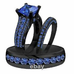 14K Black Gold Finish Blue Sapphire Trio Bridal Wedding His & Her Ring Band Set