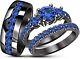 14k Black Gold Finish Blue Sapphire Trio Bridal Wedding His & Her Ring Band Set