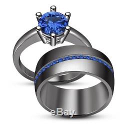 14K Black Gold Finish Blue Sapphire Trio Engagement Wedding Ring Band Bridal Set
