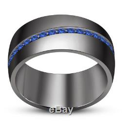 14K Black Gold Finish Blue Sapphire Trio Engagement Wedding Ring Band Bridal Set