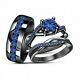 14k Black Gold Finish Blue Sapphire Trio Set Bridal Engagement His Her Ring Band