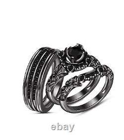14K Black Gold Finish Engagement Ring Bridal Wedding Band His Her Trio Ring Set