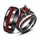 14k Black Gold Finish Garnet Trio Wedding His & Hers Bridal Engagement Ring Set