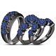 14k Black Gold Finish His & Her Round Blue Sapphire Trio Wedding Ring Set 3 Ct