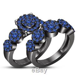 14K Black Gold Finish His & Her Round Blue Sapphire Trio Wedding Ring Set 3 CT