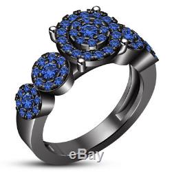 14K Black Gold Finish His & Her Round Blue Sapphire Trio Wedding Ring Set 3 CT