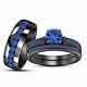 14k Black Gold Finish His Her Trio Ring Set 1.20ct Round Cut In Blue Sapphire