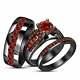 14k Black Gold Finish His Her Trio Ring Set 1.50ct Round Cut Red Ruby & Diamond