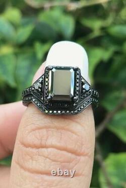 14K Black Gold Finish In 3Ct Black Emerald Cut Diamond Designed Bridal Ring Set