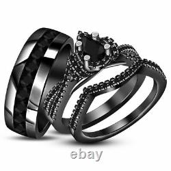 14K Black Gold Finish Pear Black Diamond Wedding Bridal Engagement Trio Ring Set