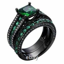 14K Black Gold Finish Princess Lab-Created Emerald Engagement Wedding Ring Set