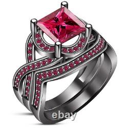 14K Black Gold Finish Princess Pink Sapphire Engagement Wedding Bridal Ring Set