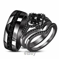 14K Black Gold Finish Real Black Diamond Engagement Ring Wedding Band Trio Set