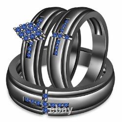 14K Black Gold Finish Round Cut Blue sapphire His & Her Wedding Trio Ring Set