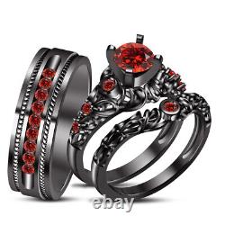 14K Black Gold Finish Round Cut Red Garnet Mens Womens Wedding Band Matching Set