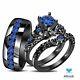 14k Black Gold Finish Trio Ring Set His Her 1.50ct Round Cut In Blue Sapphire