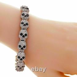 14K White Gold Finish 14CT Pave Set Black & White Diamond Skull Link Bracelet