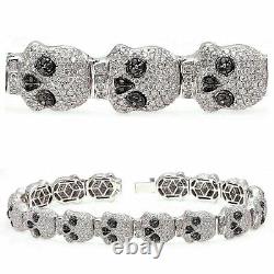 14K White Gold Finish 14CT Pave Set Black & White Diamond Skull Link Bracelet