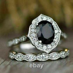 14K White Gold Finish 2.50 Ct Oval Cut Black Diamond Engagement Bridal Ring Set