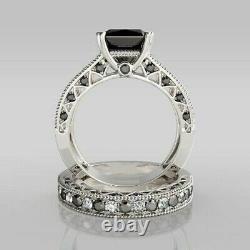 14K White Gold Finish 3.20Ct Princess Lab Created Black Diamond Ring Bridal Set