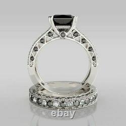 14K White Gold Finish 3.20Ct Princess Simulated Black Diamond Ring Bridal Set